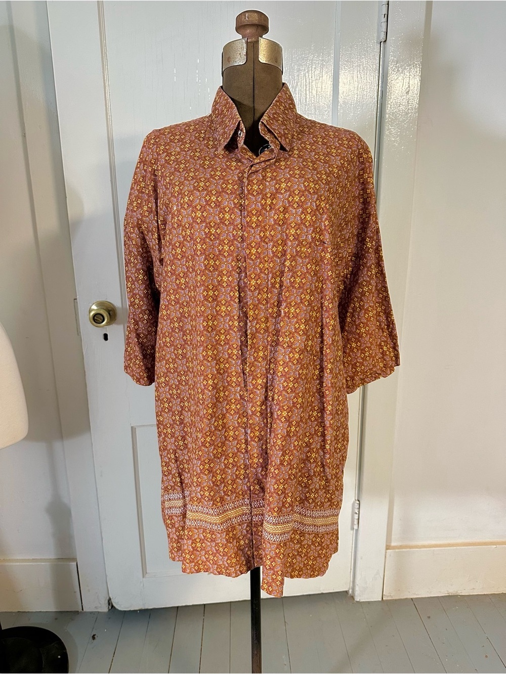 Men's Casual Button-Down Shirt in Rust Floral Print Batik Vintage